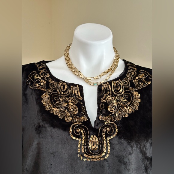 Soft Surroundings Crushed Black Velvet Tunic Top Gold Sequin Trim SZ L Good Cond - Picture 2 of 11